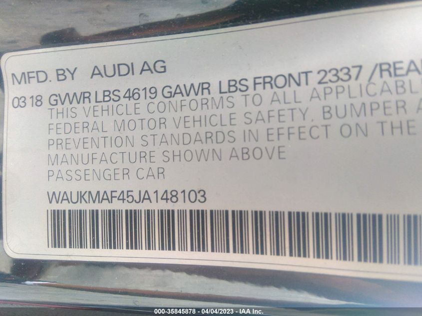 2018 AUDI A4 PREMIUM/TECH PREMIUM - WAUKMAF45JA148103