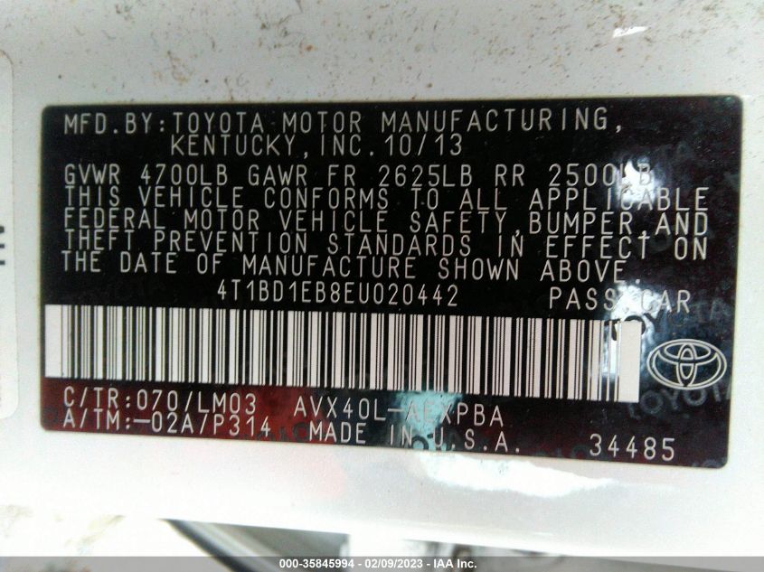 2014 TOYOTA AVALON HYBRID LIMITED/XLE TOURING 4T1BD1EB8EU020442