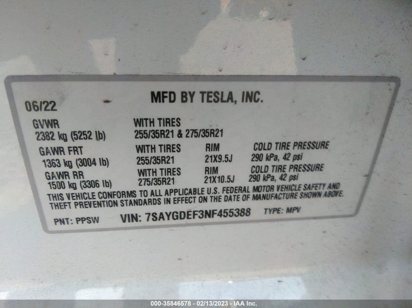 VIN 7SAYGDEF3NF455388 2022 TESLA MODEL Y PERFORMANCE