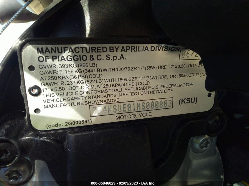 2021 APRILIA TUONO 660 ZD4KSUE01MS000803