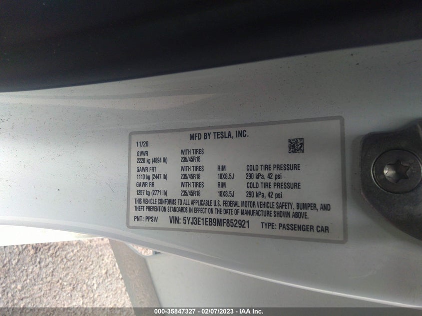 VIN 5YJ3E1EB9MF852921 2021 TESLA MODEL 3 LONG RANGE