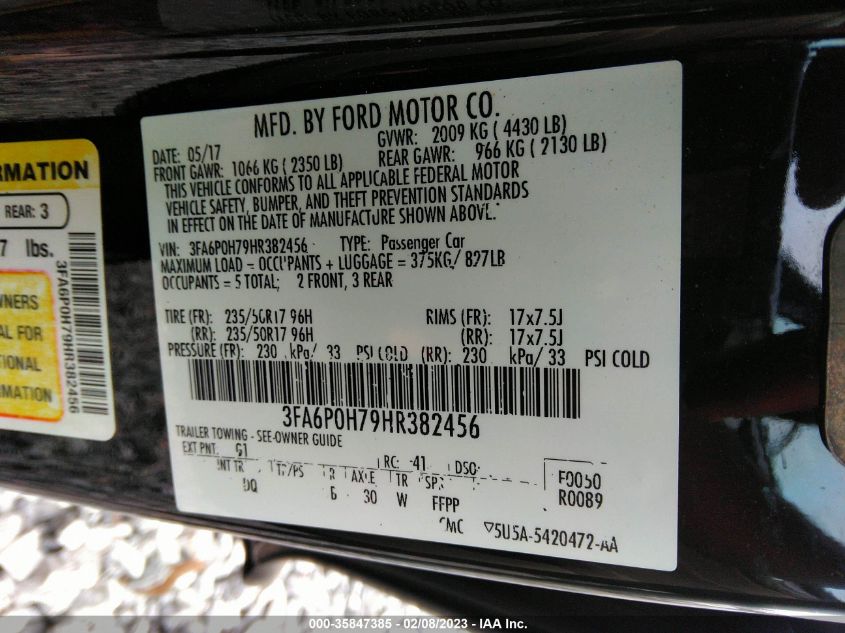 2017 FORD FUSION SE - 3FA6P0H79HR382456