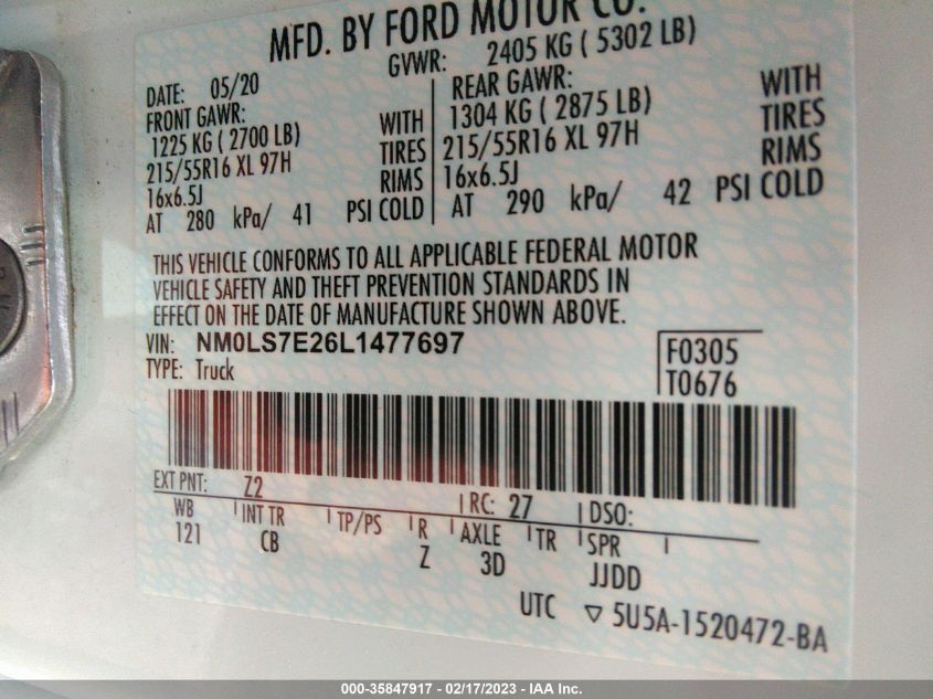 2020 FORD TRANSIT CONNECT VAN XL NM0LS7E26L1477697