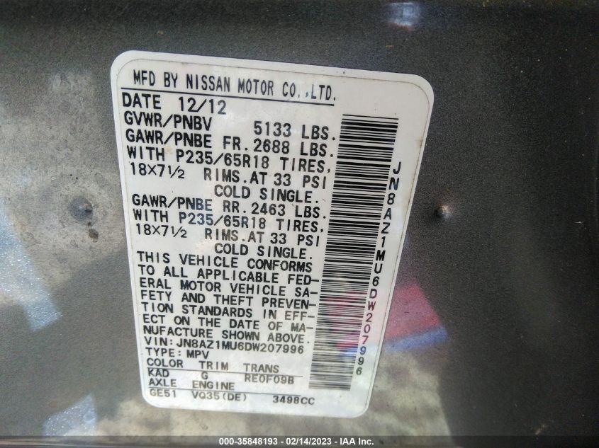 2013 NISSAN MURANO SL - JN8AZ1MU6DW207996