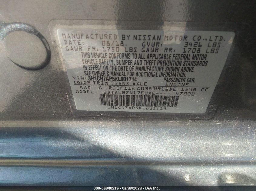 2019 NISSAN VERSA 1.6 SV - 3N1CN7AP5KL801714