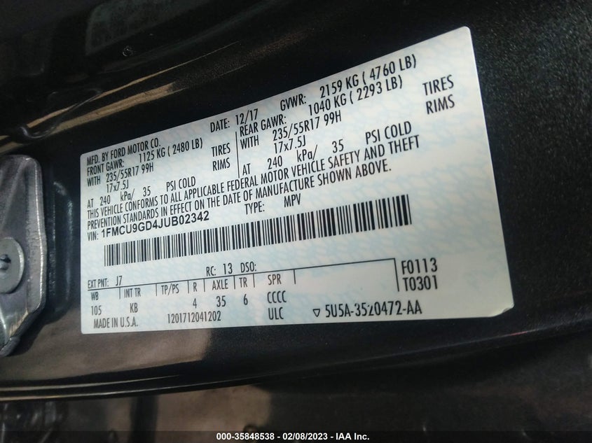 VIN 1FMCU9GD4JUB02342 2018 FORD ESCAPE SE