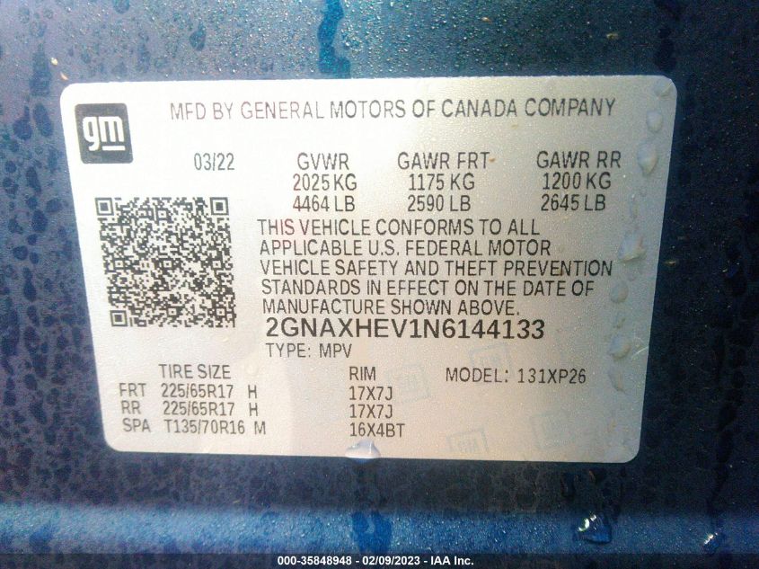 VIN 2GNAXHEV1N6144133 2022 CHEVROLET EQUINOX no.9