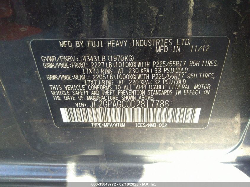 2013 SUBARU XV CROSSTREK LIMITED - JF2GPAGC0D2817786