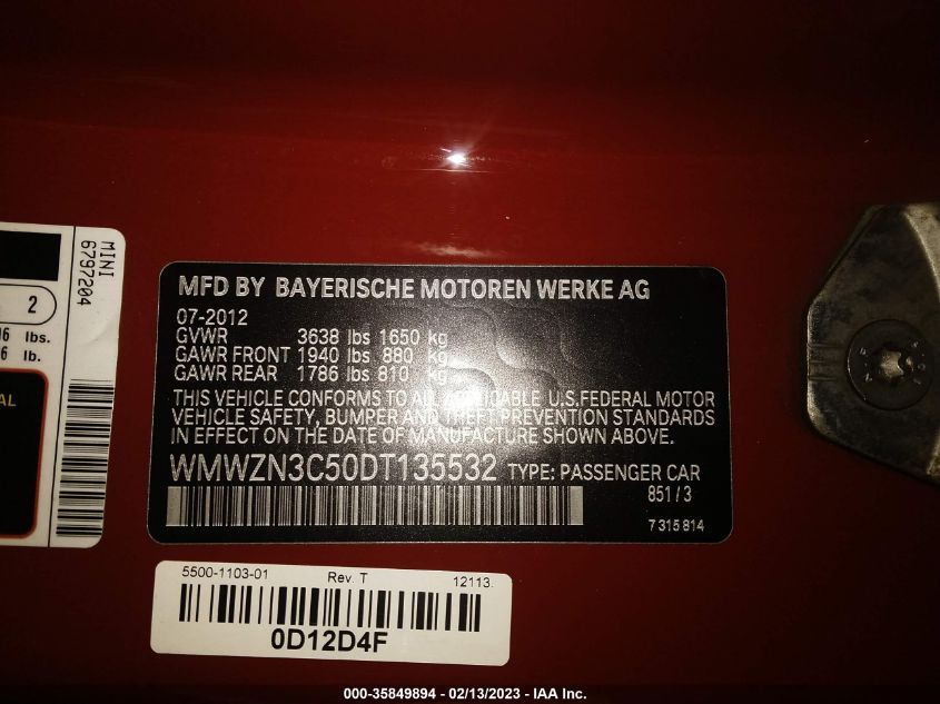 2013 MINI COOPER CONVERTIBLE WMWZN3C50DT135532