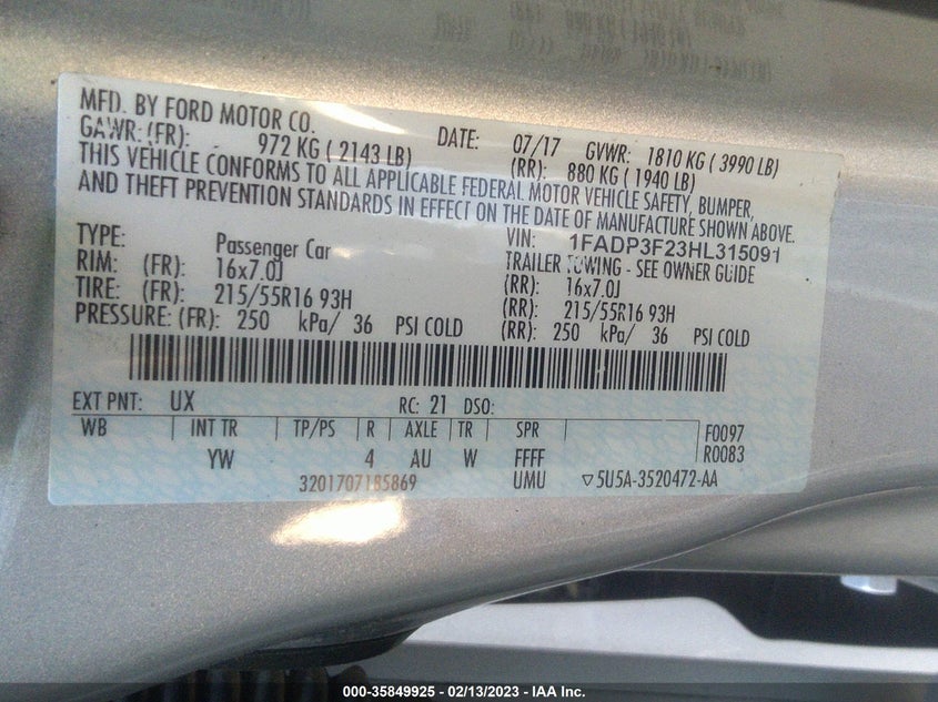 VIN 1FADP3F23HL315091 2017 FORD FOCUS SE