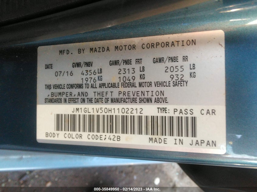 VIN JM1GL1V50H1102212 2017 MAZDA MAZDA6 TOURING