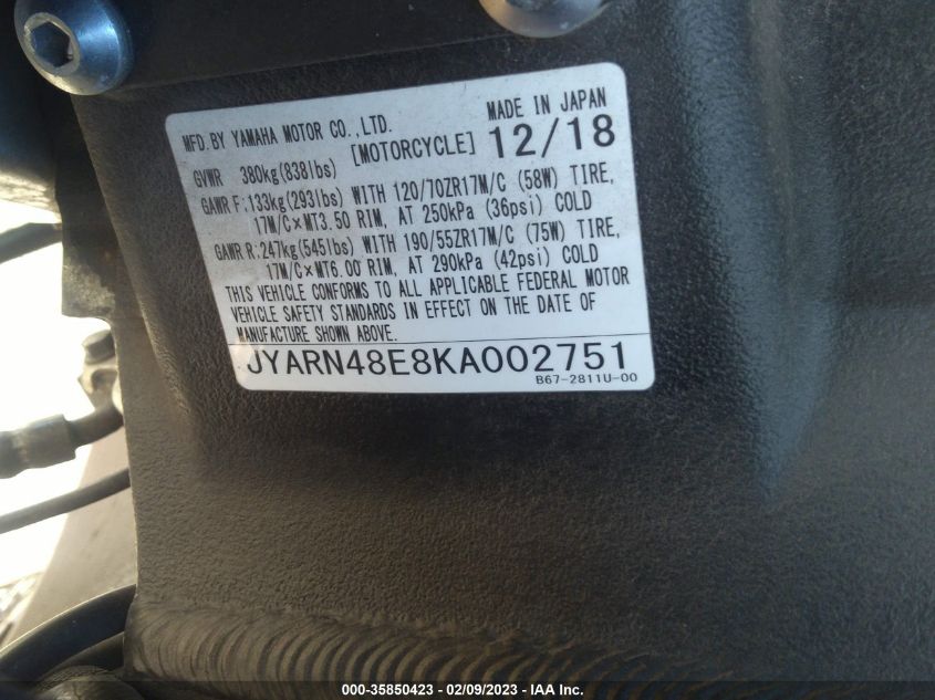 2019 YAMAHA MTN1000 JYARN48E8KA002751