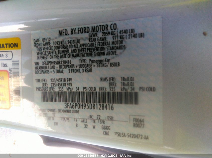 2013 FORD FUSION SE - 3FA6P0H95DR128416