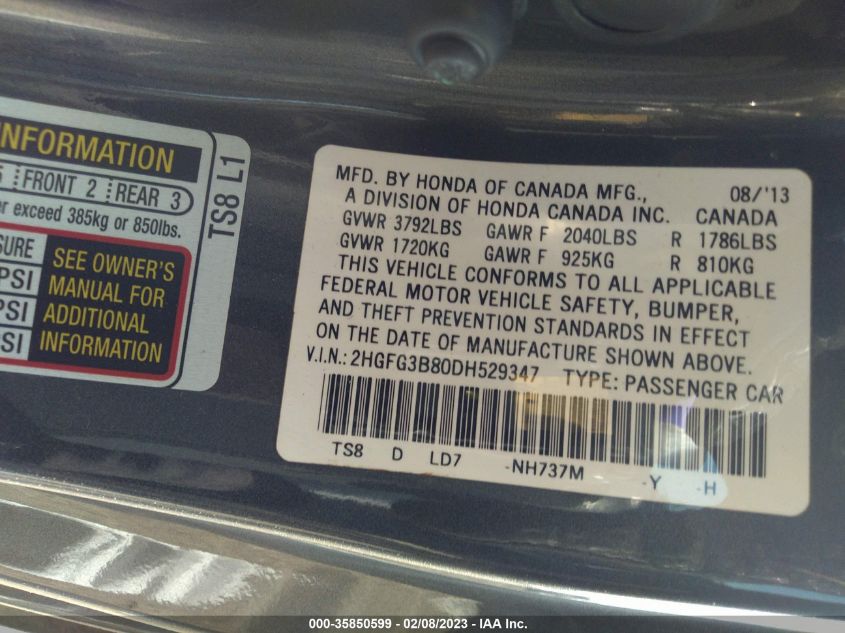 2013 HONDA CIVIC CPE EX - 2HGFG3B80DH529347