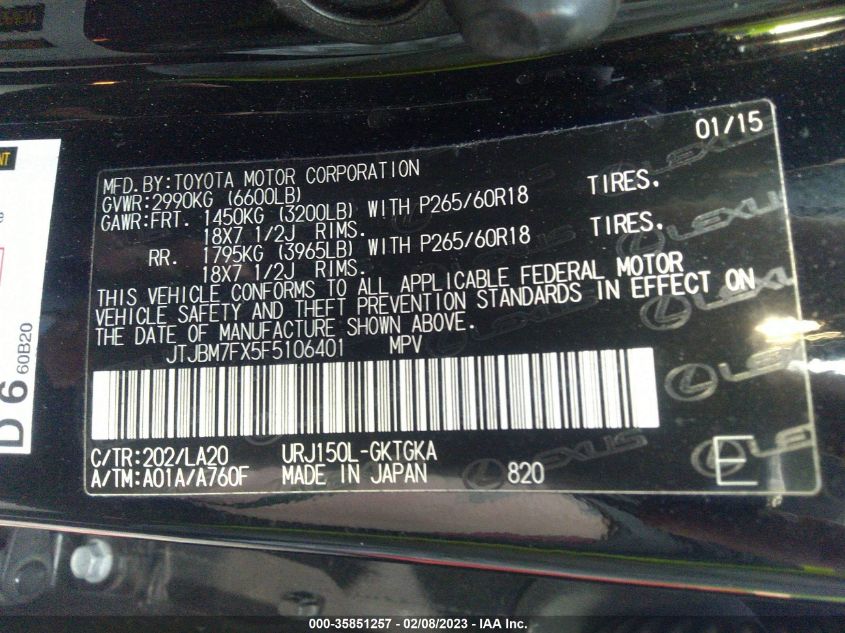 2015 LEXUS GX 460 JTJBM7FX5F5106401