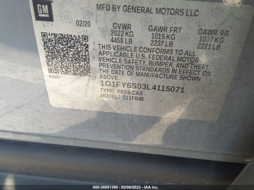 2020 CHEVROLET BOLT EV LT 1G1FY6S03L4115071