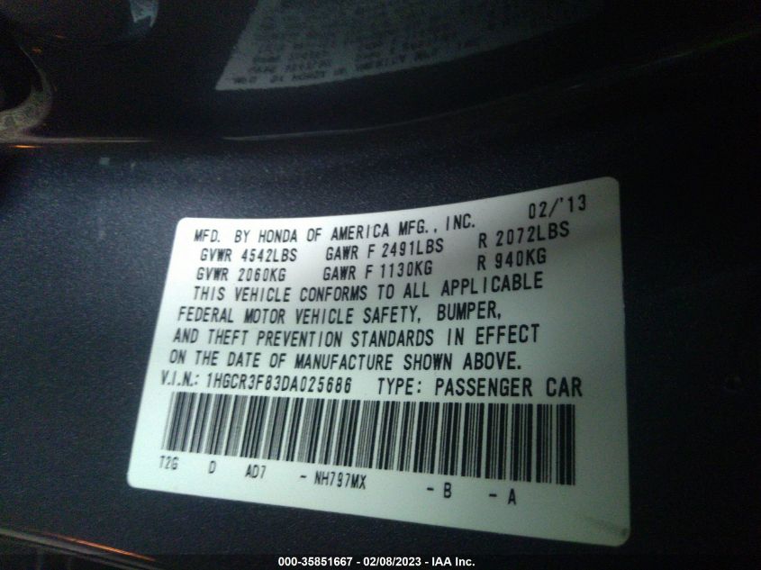 2013 HONDA ACCORD SDN EX-L - 1HGCR3F83DA025686