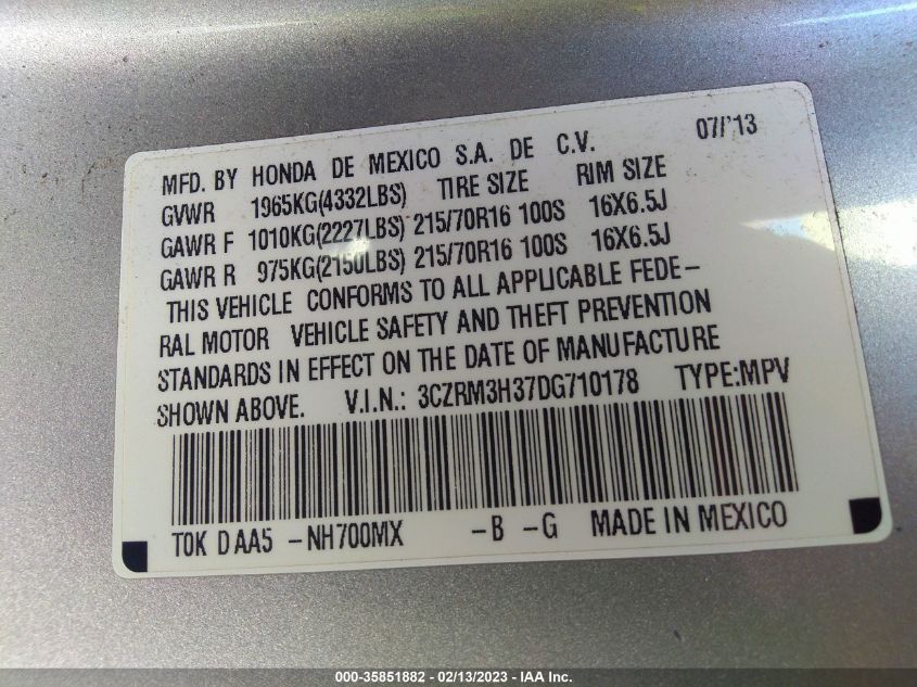 2013 HONDA CR-V LX - 3CZRM3H37DG710178
