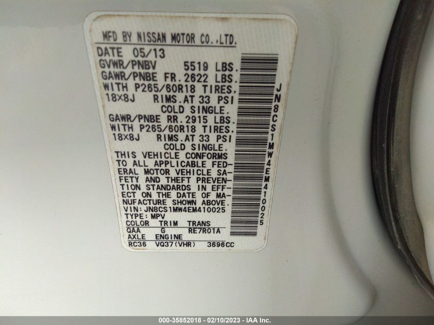 2014 INFINITI QX70 JN8CS1MW4EM410025