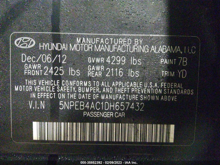 2013 HYUNDAI SONATA GLS PZEV - 5NPEB4AC1DH657432