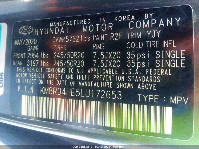 VIN KM8R34HE5LU172653 2020 HYUNDAI PALISADE no.9