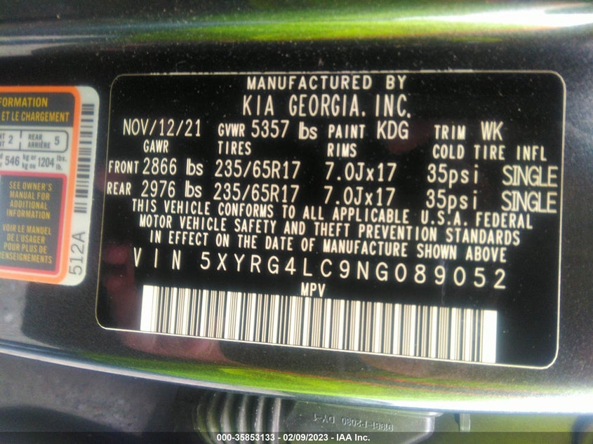 VIN 5XYRG4LC9NG089052 2022 KIA SORENTO LX