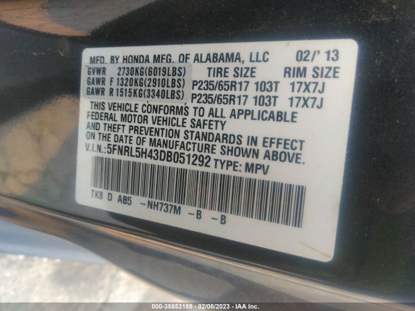 VIN 5FNRL5H43DB051292 2013 HONDA ODYSSEY no.9