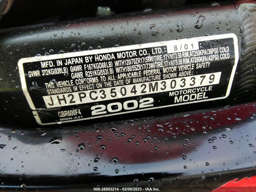 2002 HONDA CBR600 F4 JH2PC35042M303379
