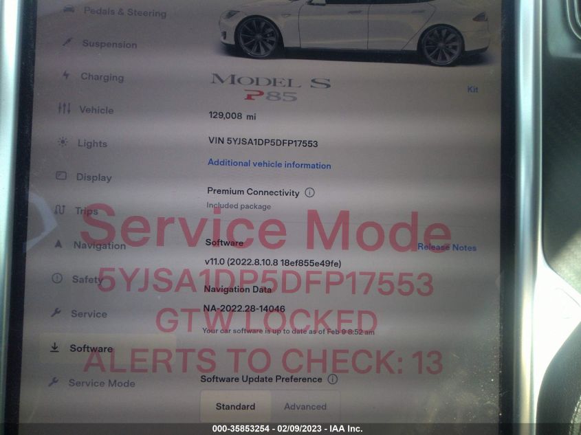 2013 TESLA MODEL S PERFORMANCE - 5YJSA1DP5DFP17553