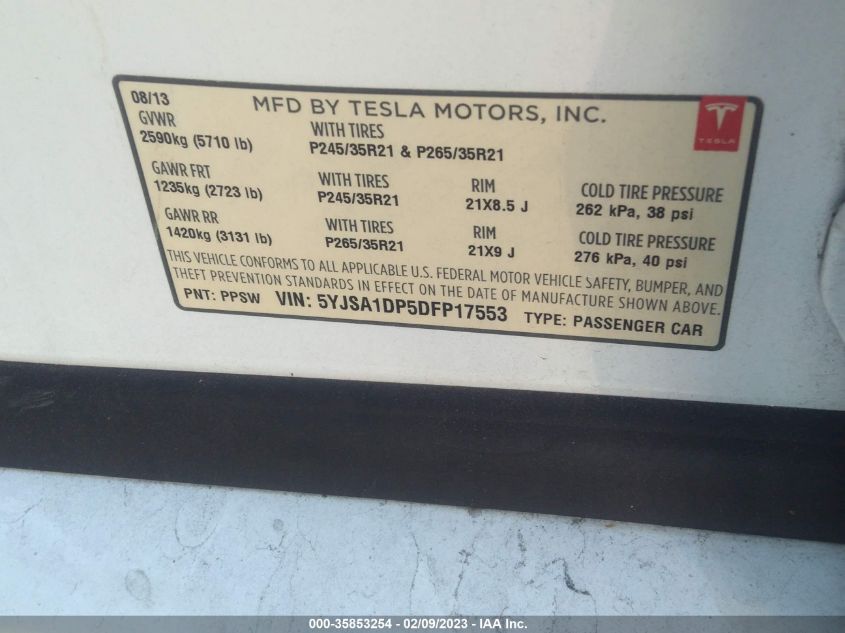 2013 TESLA MODEL S PERFORMANCE - 5YJSA1DP5DFP17553