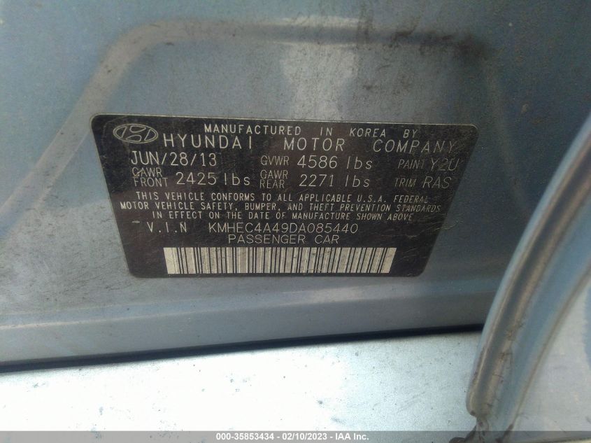 2013 HYUNDAI SONATA HYBRID LIMITED - KMHEC4A49DA085440