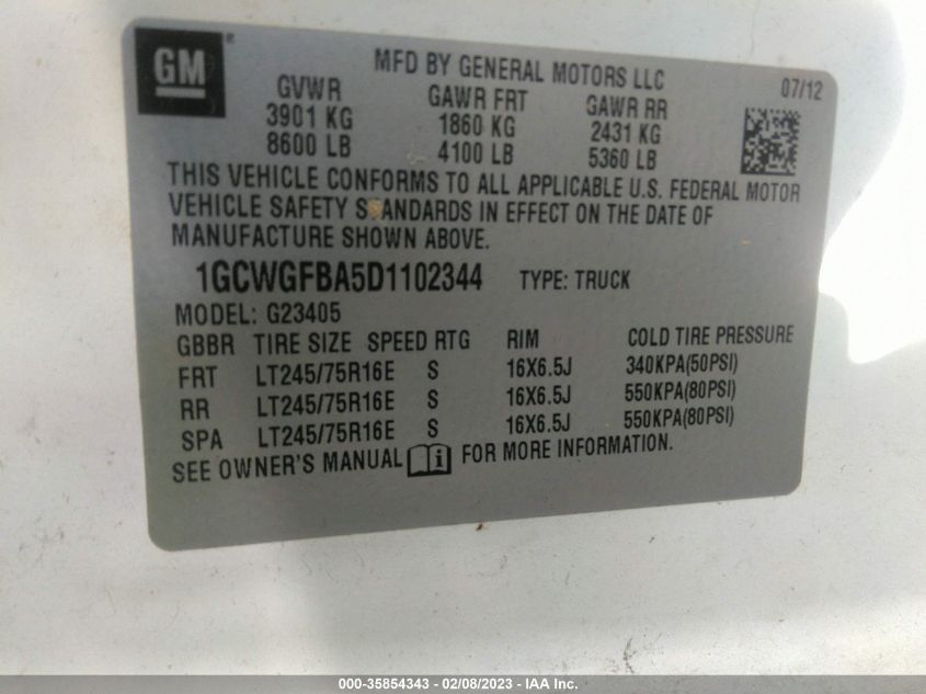 2013 CHEVROLET EXPRESS CARGO VAN - 1GCWGFBA5D1102344