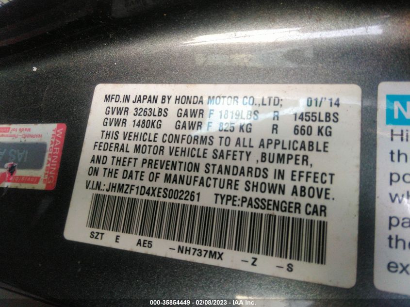 2014 HONDA CR-Z JHMZF1D4XES002261