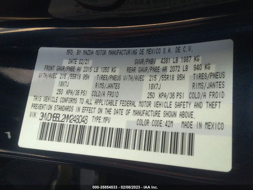 VIN 3MVDMBBL2MM248048 2021 MAZDA CX-30 SELECT