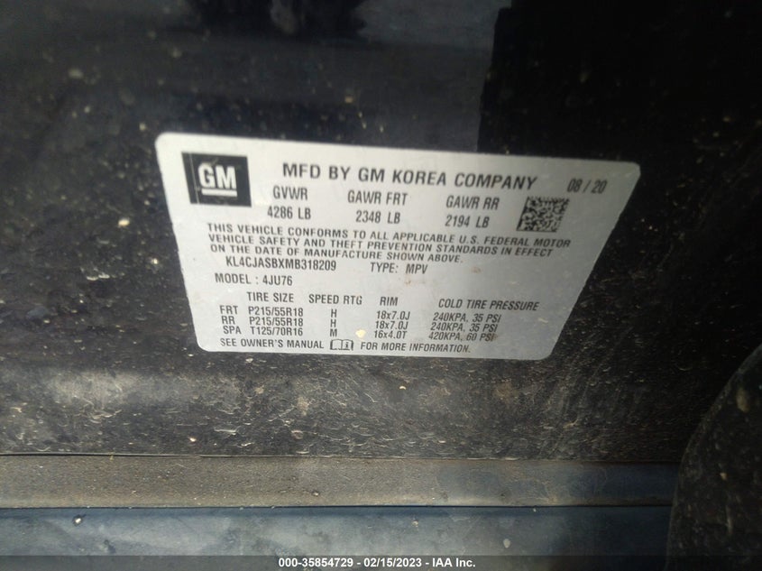 VIN KL4CJASBXMB318209 2021 BUICK ENCORE PREFERRED