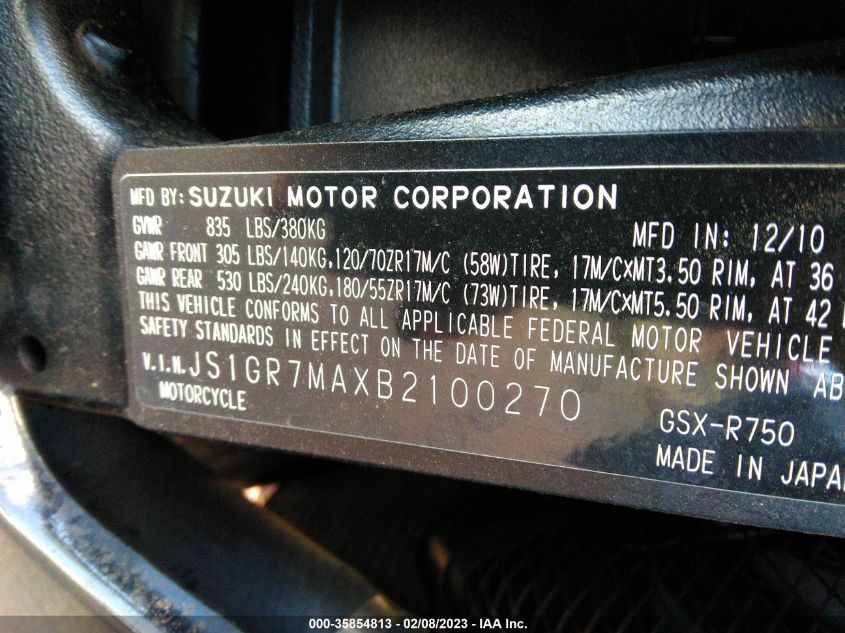 2011 SUZUKI GSX750 JS1GR7MAXB2100270