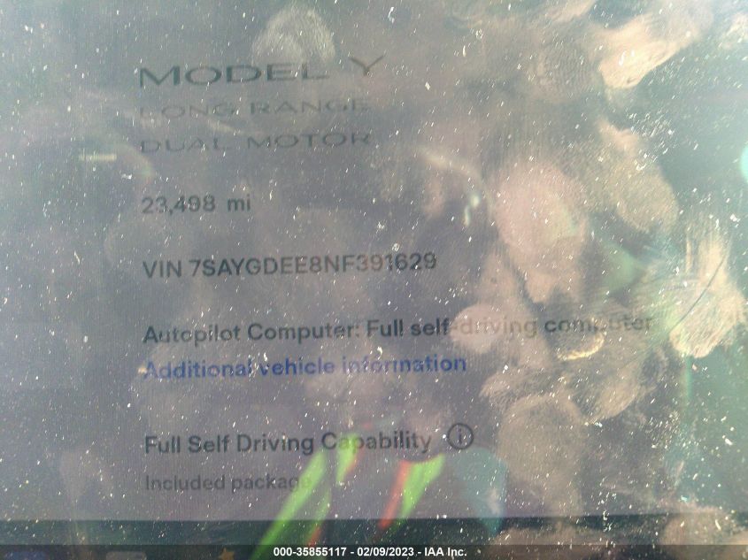 2022 TESLA MODEL Y LONG RANGE - 7SAYGDEE8NF391629