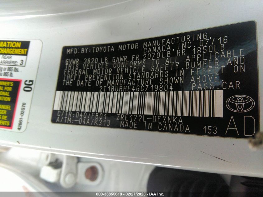 2016 TOYOTA COROLLA L/LE/S/S PLUS/LE PLUS - 2T1BURHE4GC719804