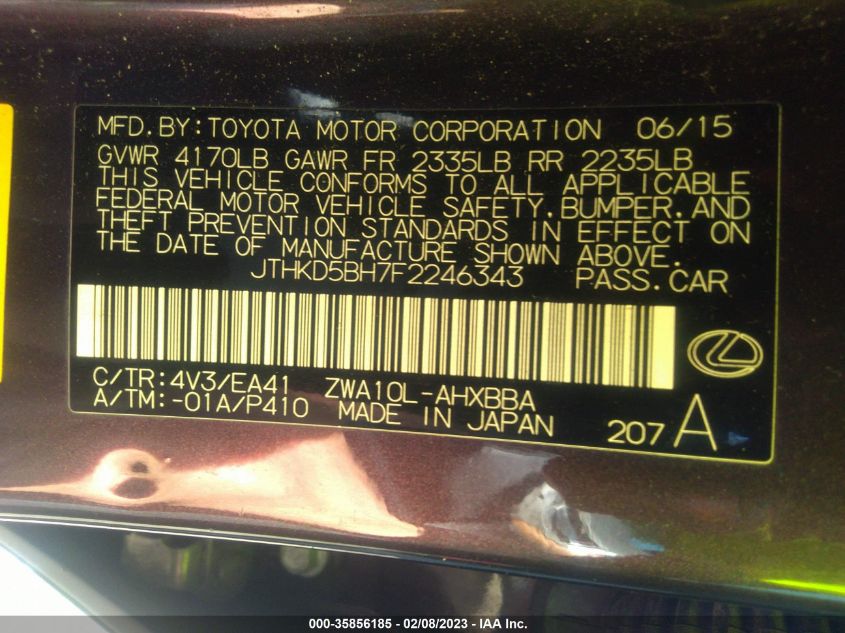 2015 LEXUS CT 200H HYBRID JTHKD5BH7F2246343