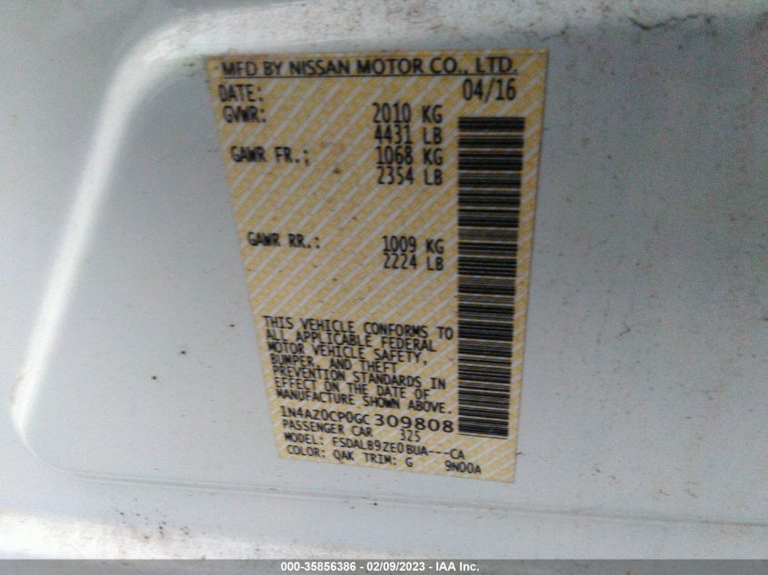 2016 NISSAN LEAF S/SL/SV 1N4AZ0CP0GC309808