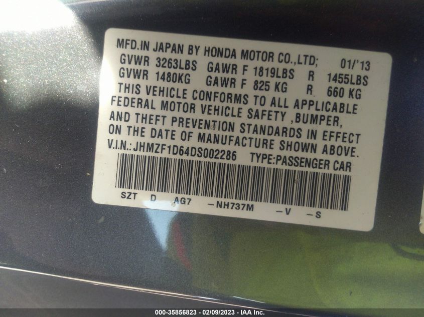 2013 HONDA CR-Z EX JHMZF1D64DS002286