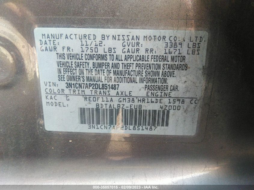 2013 NISSAN VERSA SV - 3N1CN7AP2DL851487