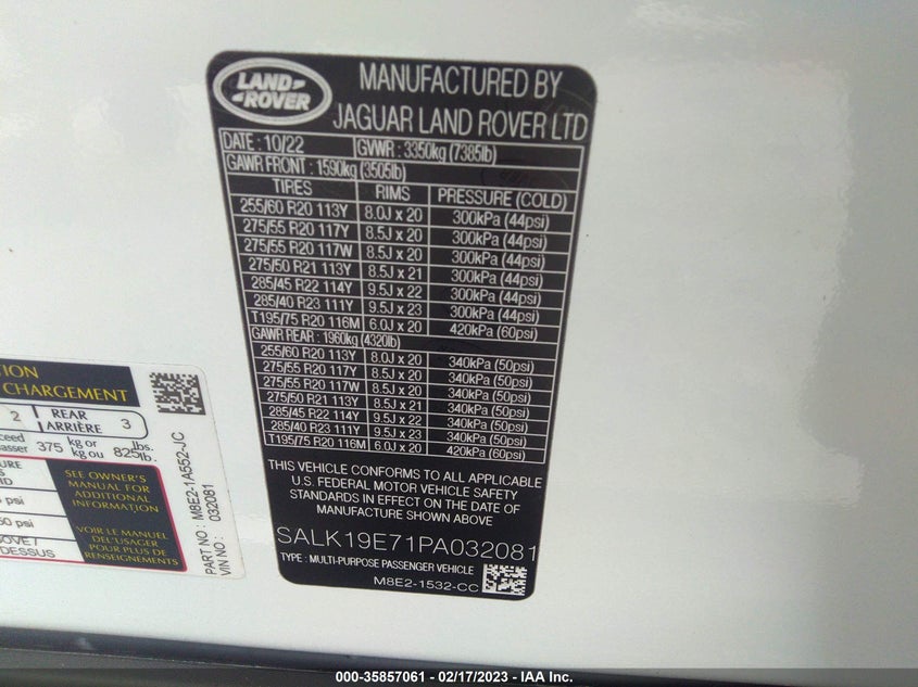 VIN SALK19E71PA032081 2023 LAND ROVER RANGE ROVER AUTOBIOGRAPHY