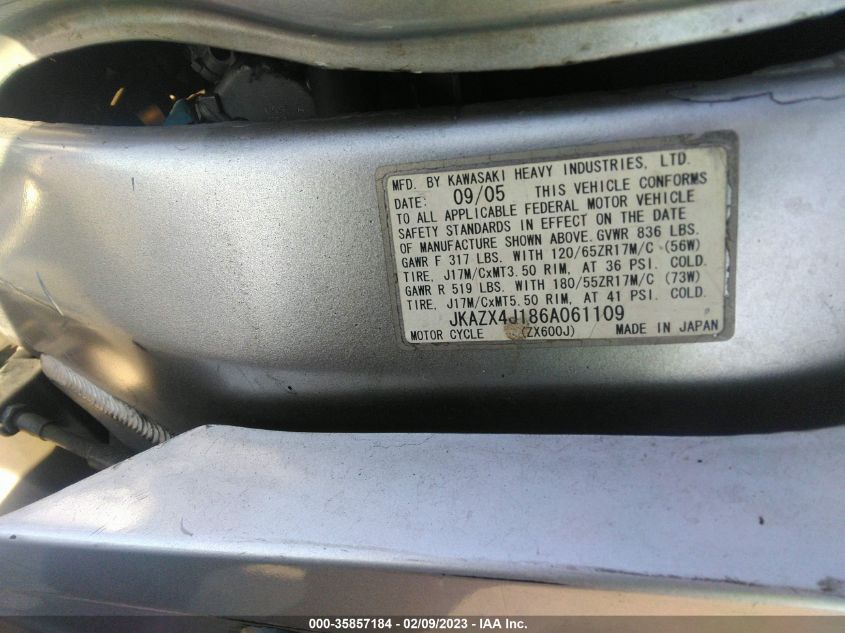 2006 KAWASAKI ZX600 J1 JKAZX4J186A061109