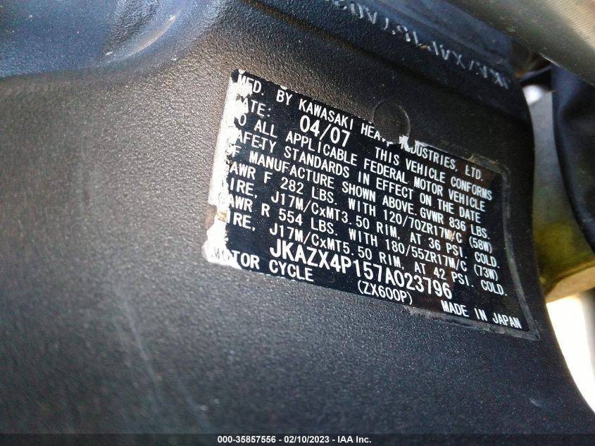 2007 KAWASAKI ZX600 P JKAZX4P157A023796