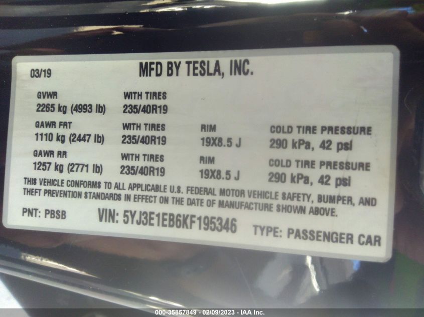 2019 TESLA MODEL 3 LONG RANGE/PERFORMANCE - 5YJ3E1EB6KF195346