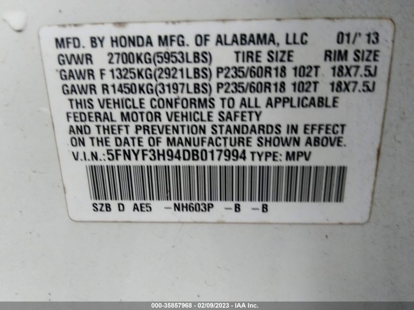 2013 HONDA PILOT TOURING - 5FNYF3H94DB017994