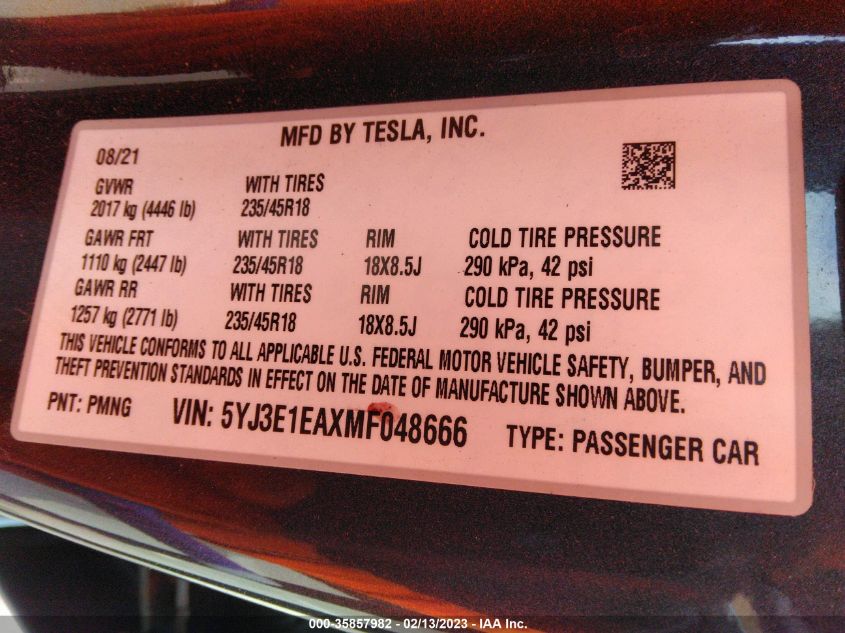 2021 TESLA MODEL 3 STANDARD RANGE PLUS - 5YJ3E1EAXMF048666