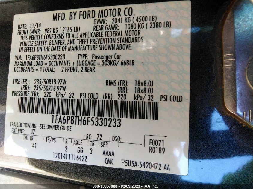 2015 FORD MUSTANG ECOBOOST - 1FA6P8TH6F5330233