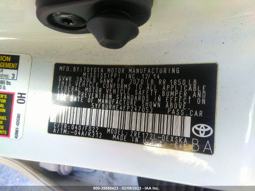 2015 TOYOTA COROLLA L/LE/S/S PLUS/LE PLUS - 5YFBURHE4FP247053